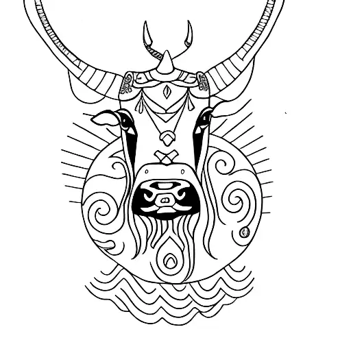 A Minimalist Tattoo Of A Bull With A Vibrant Plant Growing From Its Horns