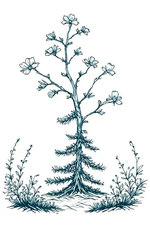 Wild Flowers And Pine Tree In The Middle Surrounded