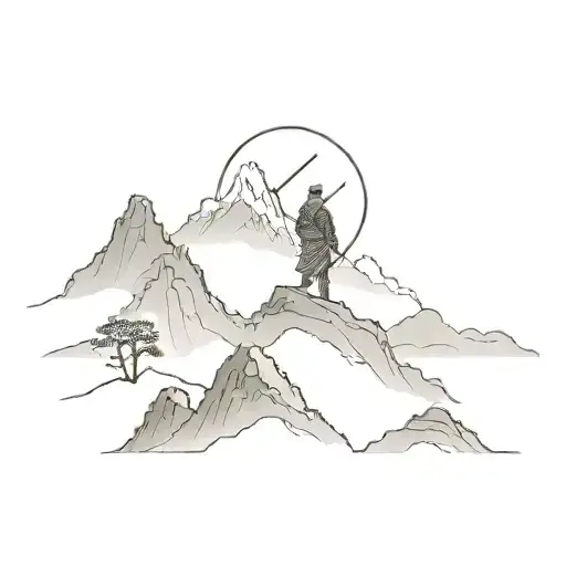 Ronin Stands In Top Of Mountain On A Foggy Full Moon