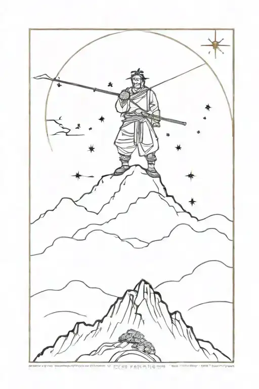 Ronin Stands In Top Of Mountain Full Moon Surrounded By Stars