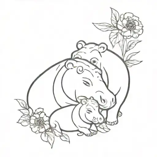 Mom And Baby Hippo With Carnations