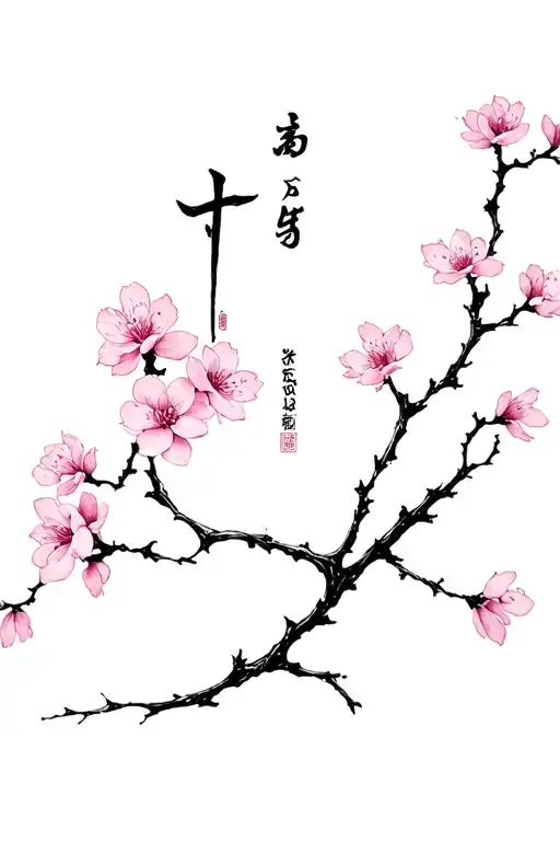 Cherry Blossom Branch With Kaizen Symbol Arm Tattoo Black And White