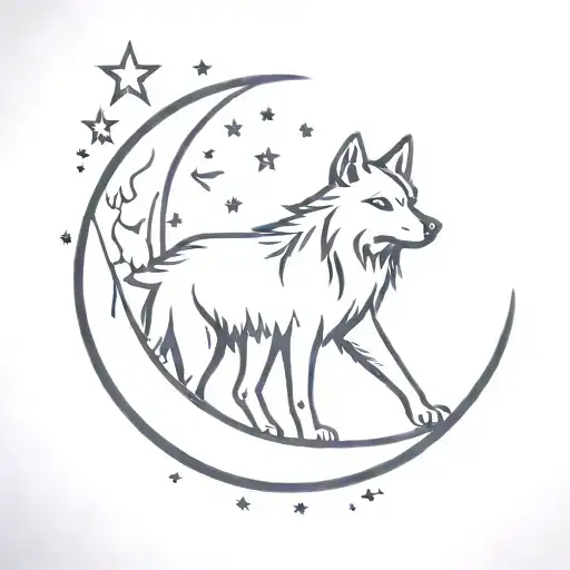 Crescent And Star Inside The Wolf Silhouette Filled