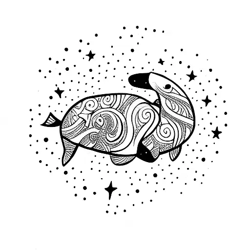 Fine Line Feminine Beluga Whale With Stars Around It