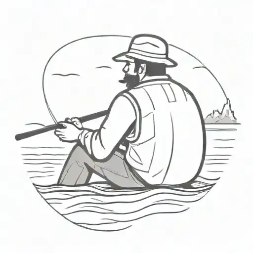 Fisherman With Mustache Sitting At The Water With Fishing Rod Wearing A Beret