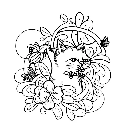 Cat With Flowers And Butterflies