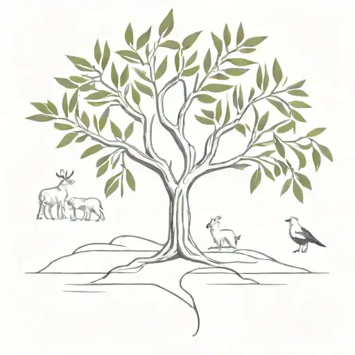 Olive Tree With Animals And Birds Around
