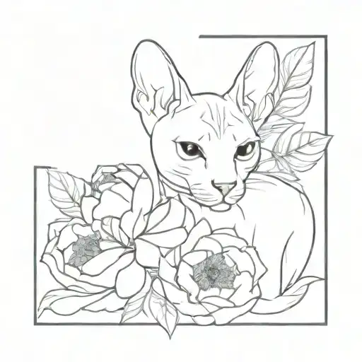 Sphynx Cat With Peonies Line Graphics