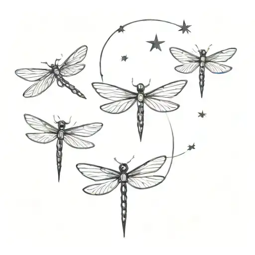 Three Dragonflies Flying Around The Stars And Half A Moon