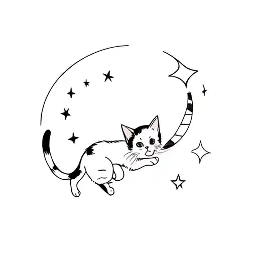 Kitten Chasing Three Stars And Crescent Moon