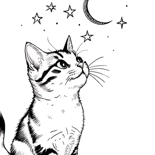 Kitten Looking Up At Three Stars And Crescent Moon In Sky