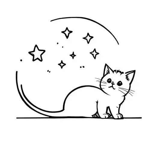 Outline Small Kitten Looking Up At Three Stars And Crescent Moon In Sky
