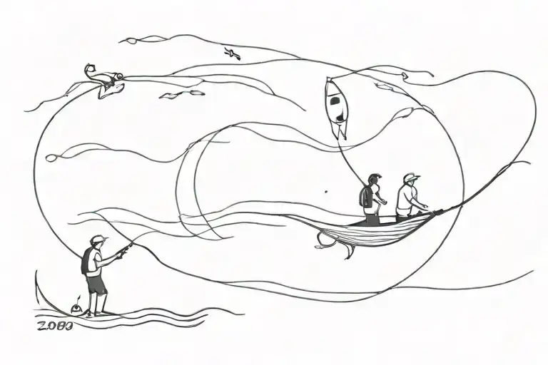 Single Line Tattoo Of A Man Fishing With 3 Names Under The Water With 3 Dates