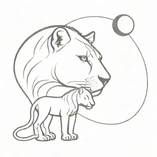 Lioness With Cub And Moon