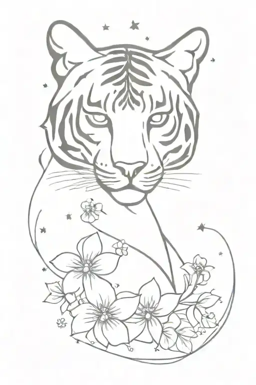 Minimal Half Tiger's Face With Flowes And Galaxy Filled With Stars