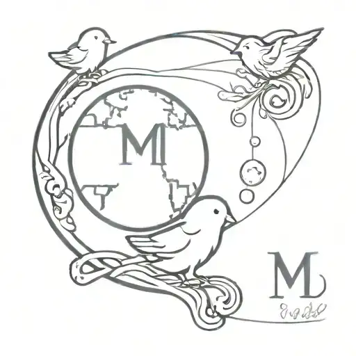 Globe And Sea Waves In A Vertical Design Incorporating Baby Chicks And The Letters M And D