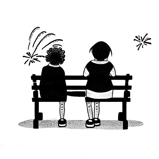 Kid And Grandma Sitting On A Bench Watching Fireworks