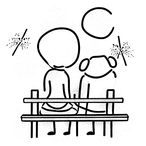 Boy And Grandma Sitting On A Bench Watching Fireworks
