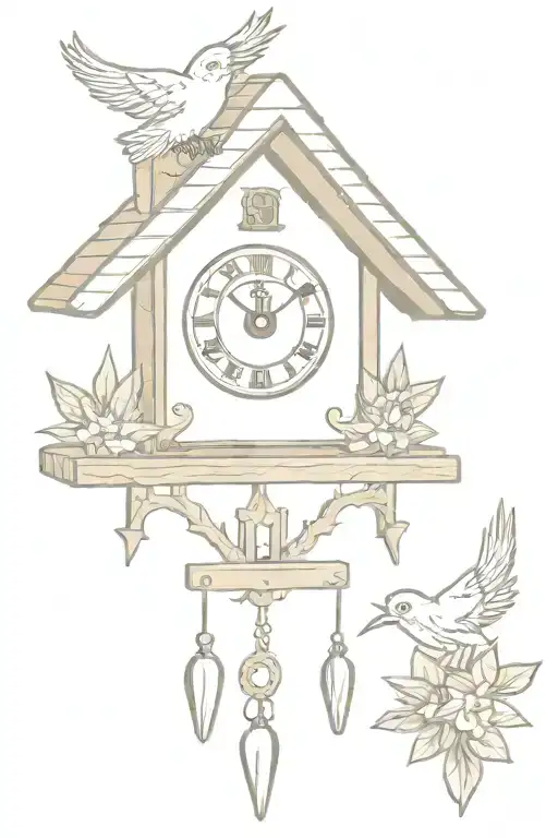 German Cuckoo Clock With Edelweiss Surrounding And A Chimney Roof With Weights On The Bottom