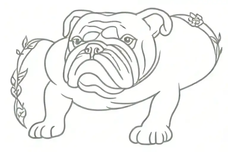 A Minimalist Design Of An English Bulldog With A Vine Of 4 Flowers Underneath The Dog