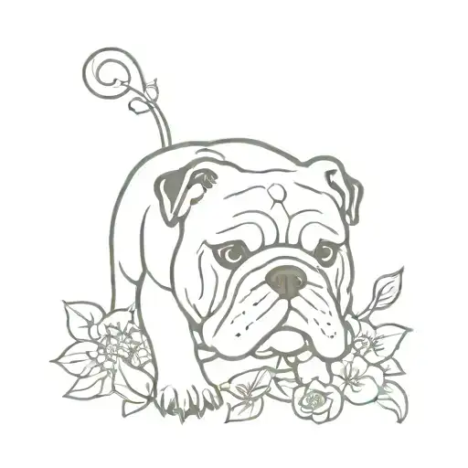 A Minimalist Design Of An English Bulldog With A Vine Of 4 Flowers Underneath The Dog