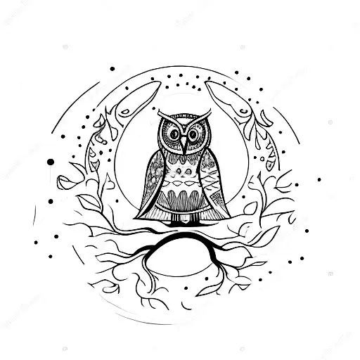 Linework Owl With Moon