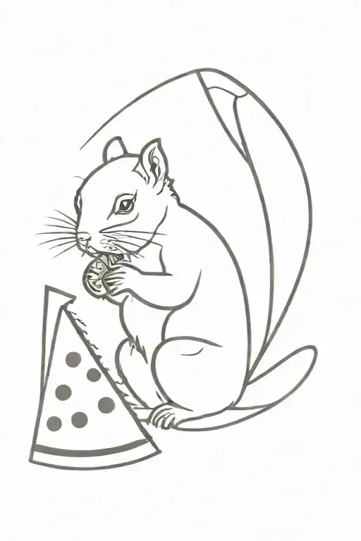 Minimalist Black And White Squirrel Eating A Triangle Slice Of Watermelon