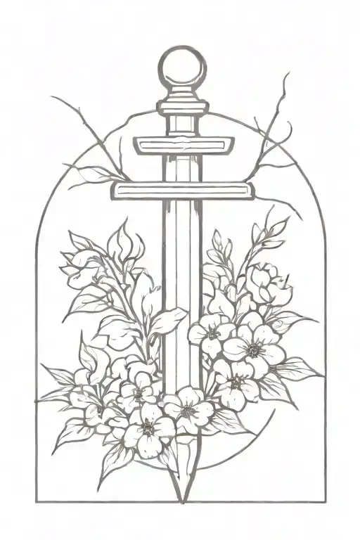 Sword In The Stone With Violet Flowers Around It