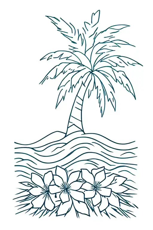 Geometric Palm Tree With Waves Below It And Hawaiian Flowers Below That