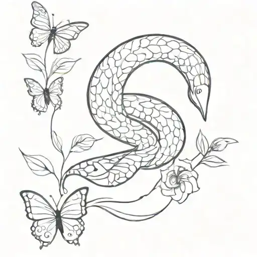 Snake With Butterflies And Flowers