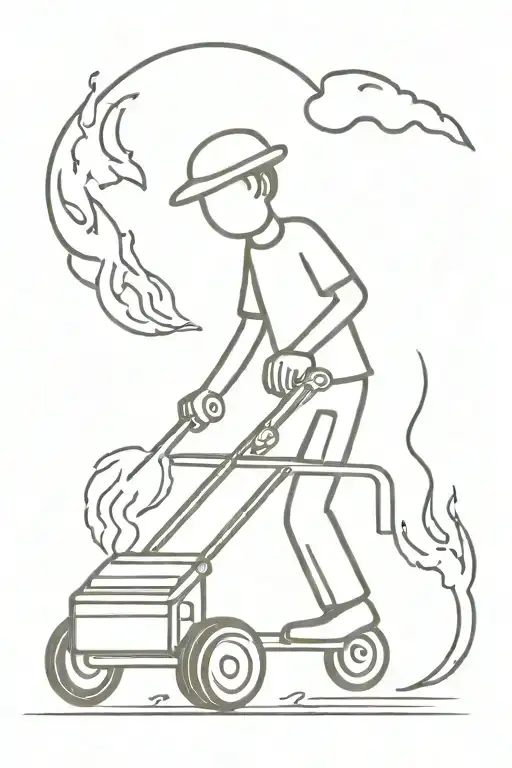 Stick Figure With Push Mower Putting Out A Fire