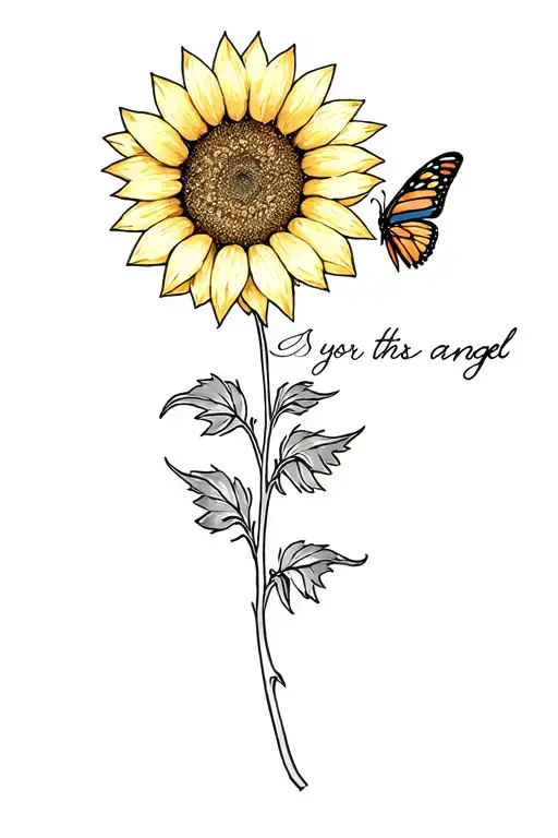 Sunflower And Butterfly And Writing Saying Angel On Stem