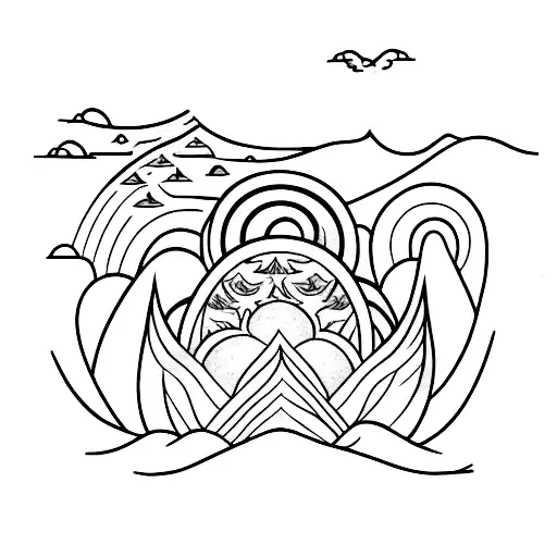 A Minimalist Tattoo Of A Serene Moon Rising Above Crashing Waves