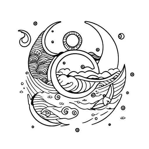 A Minimalist Tattoo Of A Crescent Moon Reflected On A Calm And Still Ocean Surface