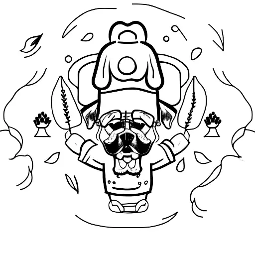 A Minimalist Tattoo Of A Dog Wearing A Chef's Hat Surrounded By Plants