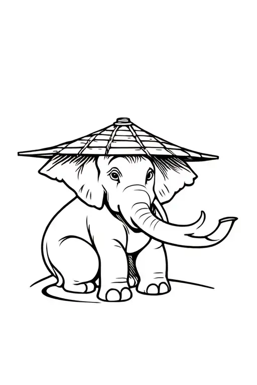 Elephant Wearing A Bamboo Hat Sitting