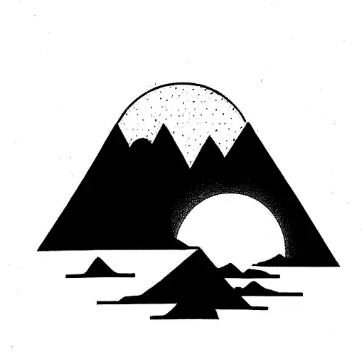 Five Montains With A Rising Sun Behinf