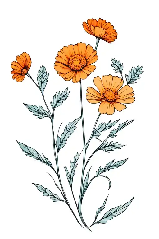Marigold And Cosmos Flower With Stems