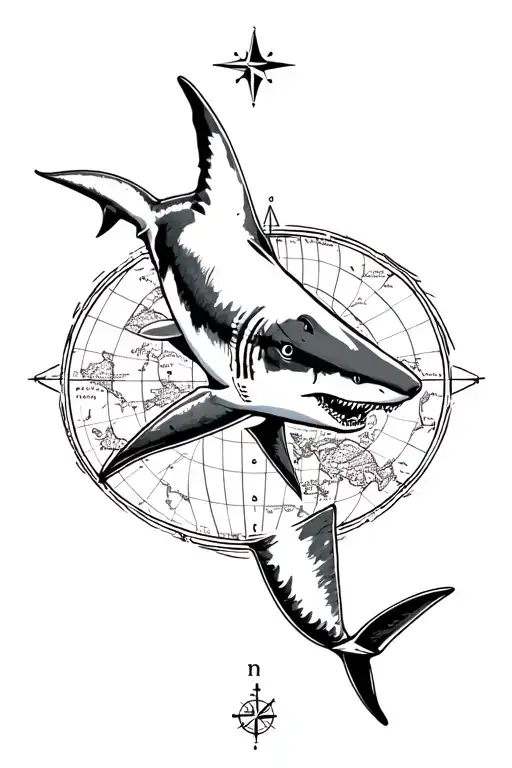 Black And White Shark With Map And Compass Surrounded