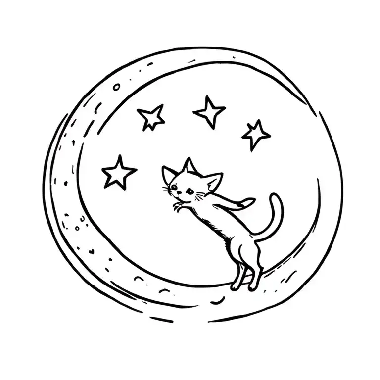 Outline Of Small Kitten Jumping On Crescent Moon 3 Stars