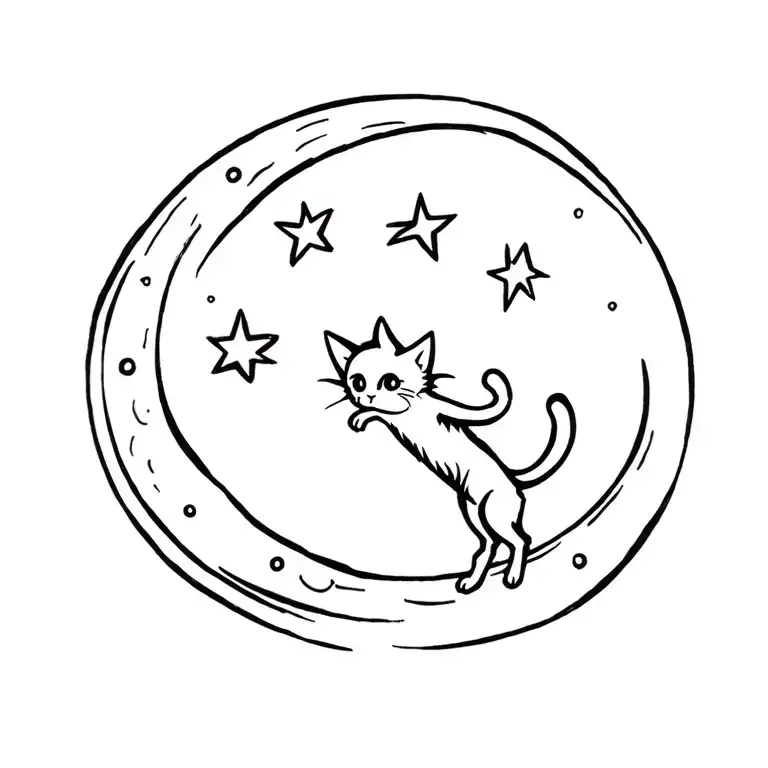 Outline Of Small Kitten Jumping Towards Crescent Moon In Sky 3 Stars
