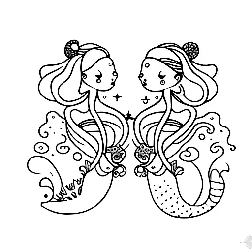 Two Sister Mermaids Holding Hands With The Sea On The Background