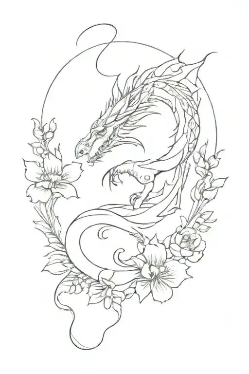 A Dragon Going Downwards With Flowers In The Middle With Small Pedals Falling
