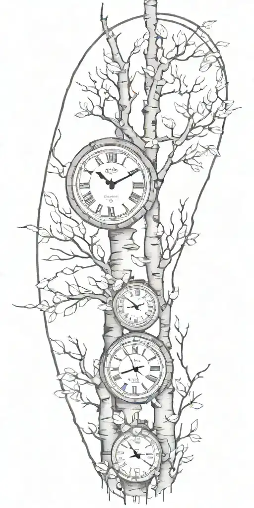 Birch Tree Branches With Three Clocks Integrated Into It For An Arm Sleeve