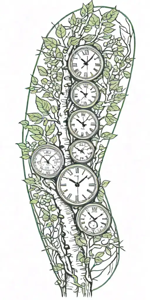 Birch Tree Branches And Green Leaves With Three Clocks Integrated Into It For An Arm Sleeve