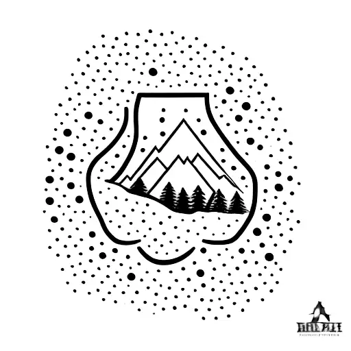 A Minimalist Tattoo Design Of A Paw Print With A Mountain Landscape Inside