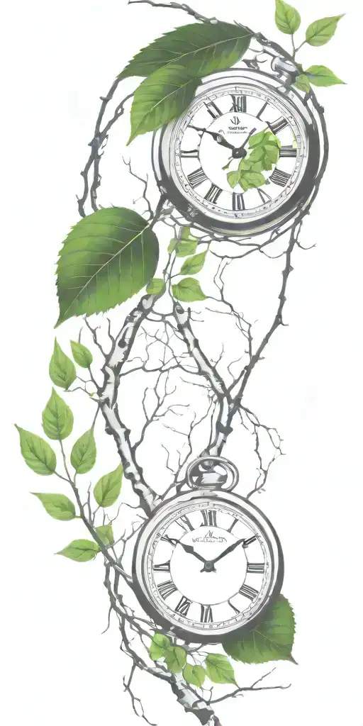 Birch Tree Branches And Green Leaves With Only 3 Clocks Integrated Into It For An Arm Sleeve