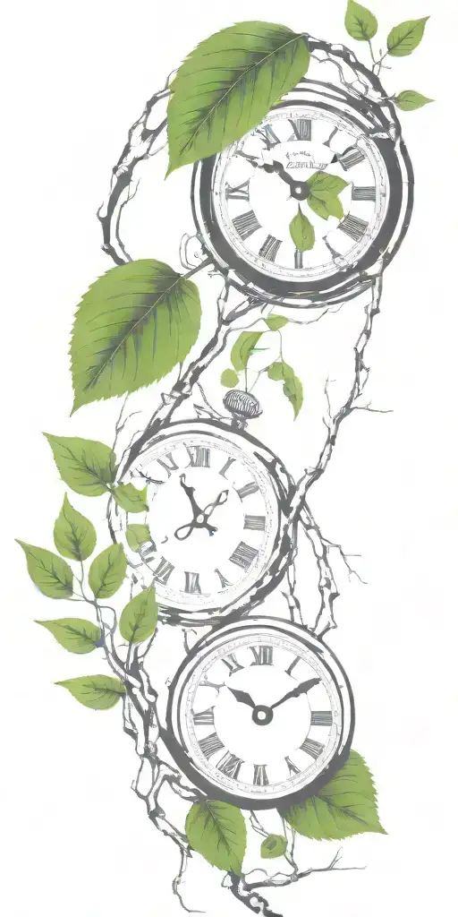 Birch Tree Branches And Green Leaves With Only 3 Clocks Integrated Into It For An Arm Sleeve
