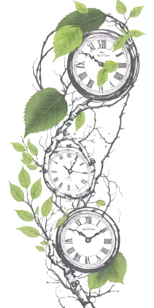 Birch Tree Branches And Green Leaves With Only 3 Clocks Integrated Into It For An Arm Sleeve