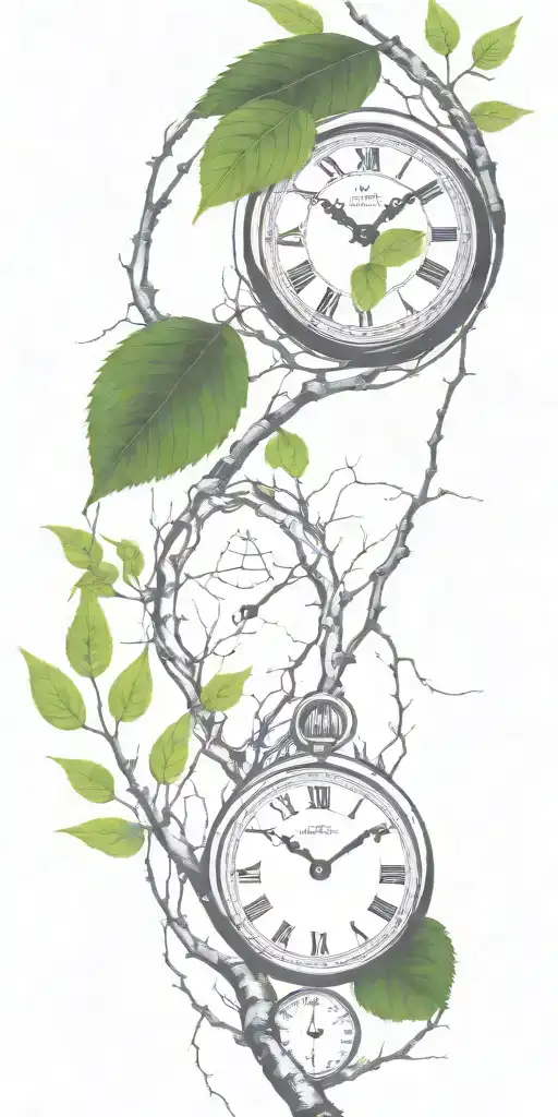 Birch Tree Branches And Green Leaves With Only 3 Clocks Integrated Into It For An Arm Sleeve